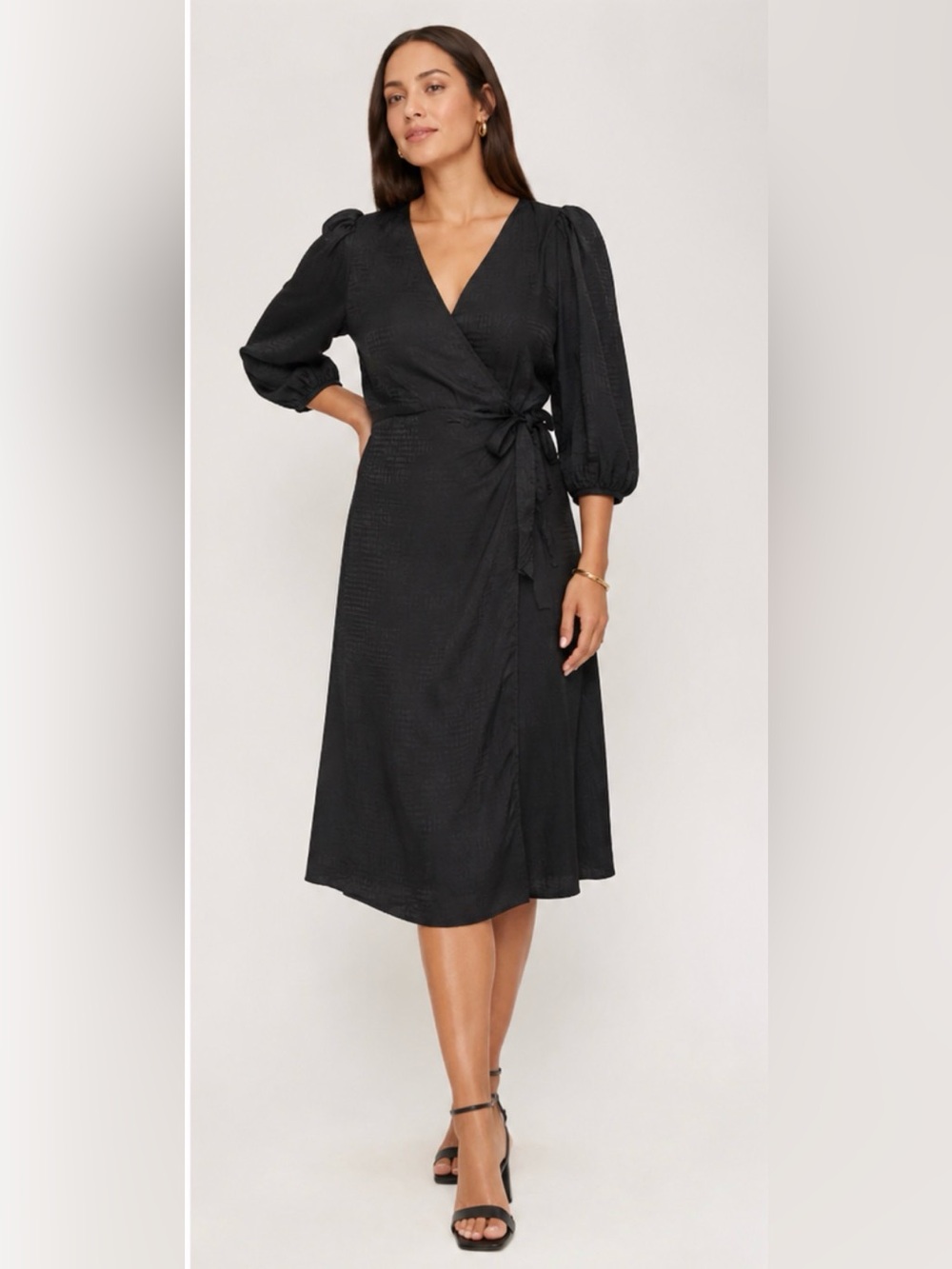 Nordstrom Halogen Black Wrap Midi Dress with Puff Sleeves NWT